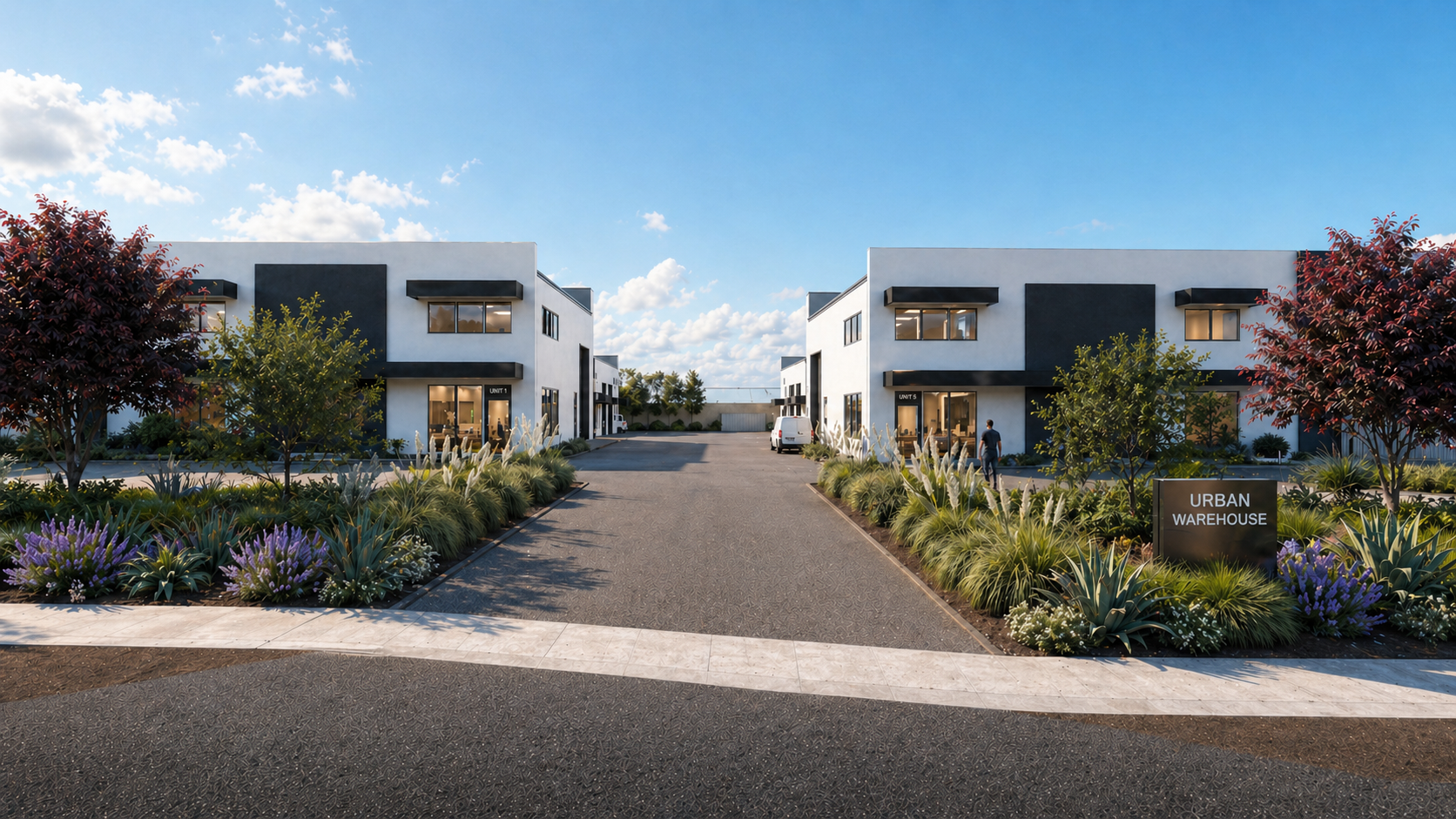 Pulse Joondalup small format industrial warehouse units with landscaped entry, Perth Western Australia